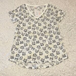 LuLaRoe White and Black Cat Print V-Neck Tee